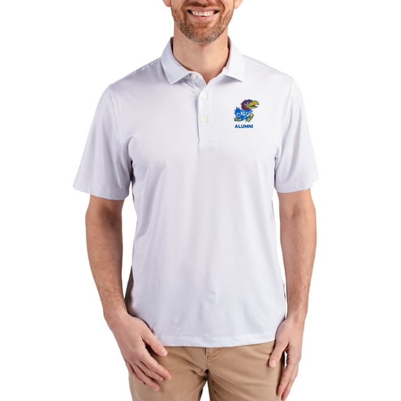 Men's Cutter & Buck White Kansas Jayhawks Alumni Pike Eco Symmetry Print Stretch Recycled Polo