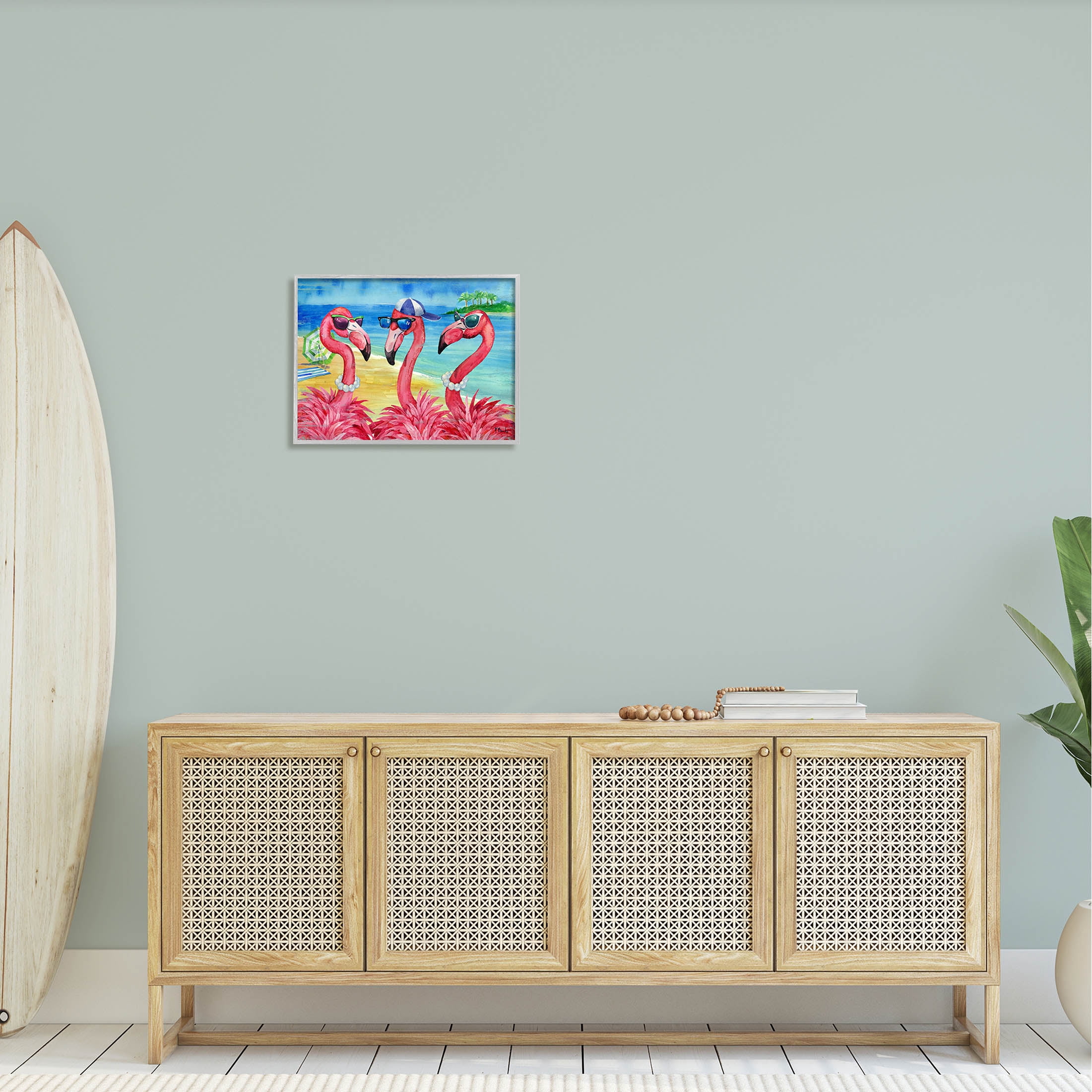 Stupell Industries Flamingo Friends Tropical Island Coast Graphic Art Gray Framed Art Print Wall Art, Design by Paul Brent