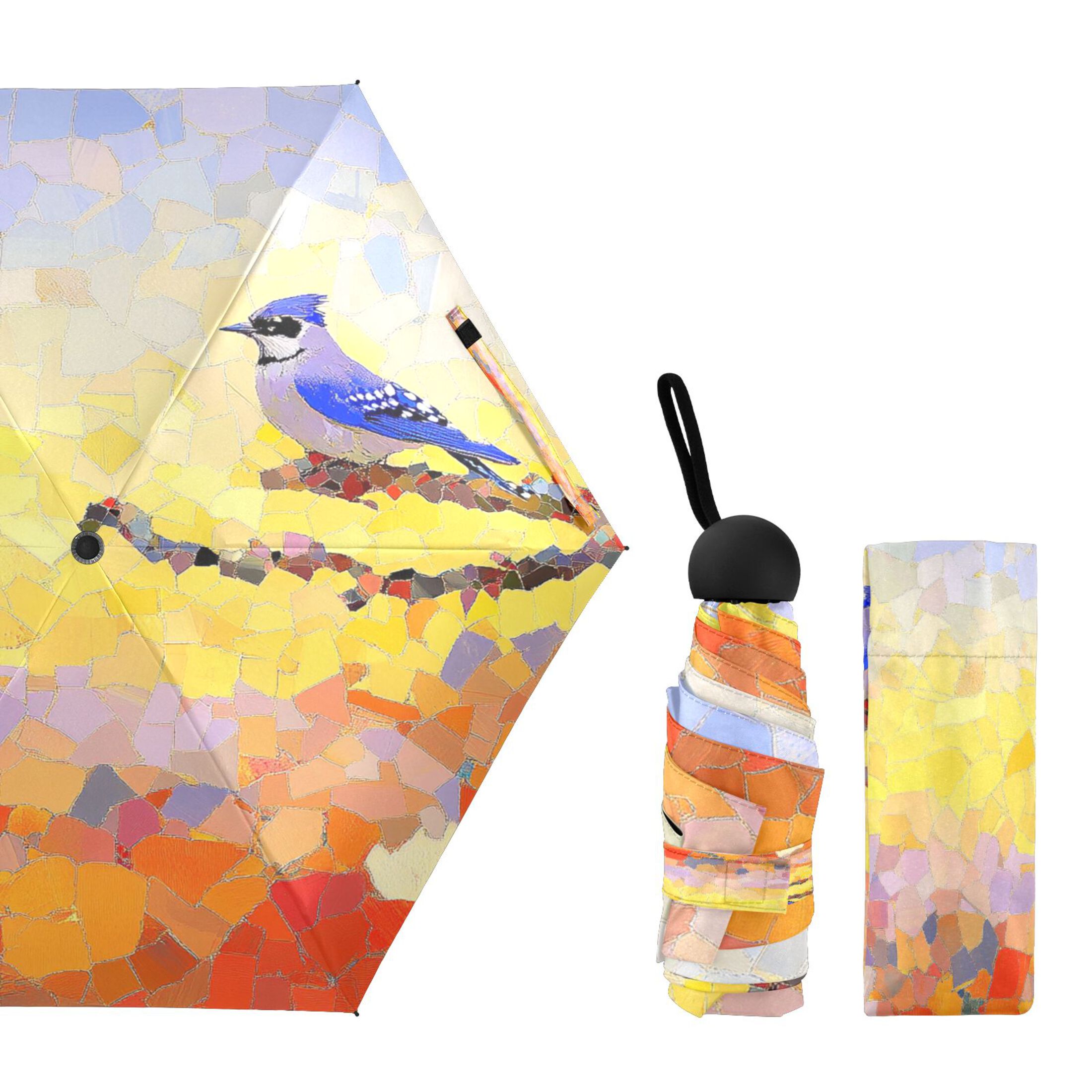 Mosaic Blue Jay Umbrellas for Sun Auto Open Close UV50+ Waterproof 5-Fold Compact Fiberglass Frame