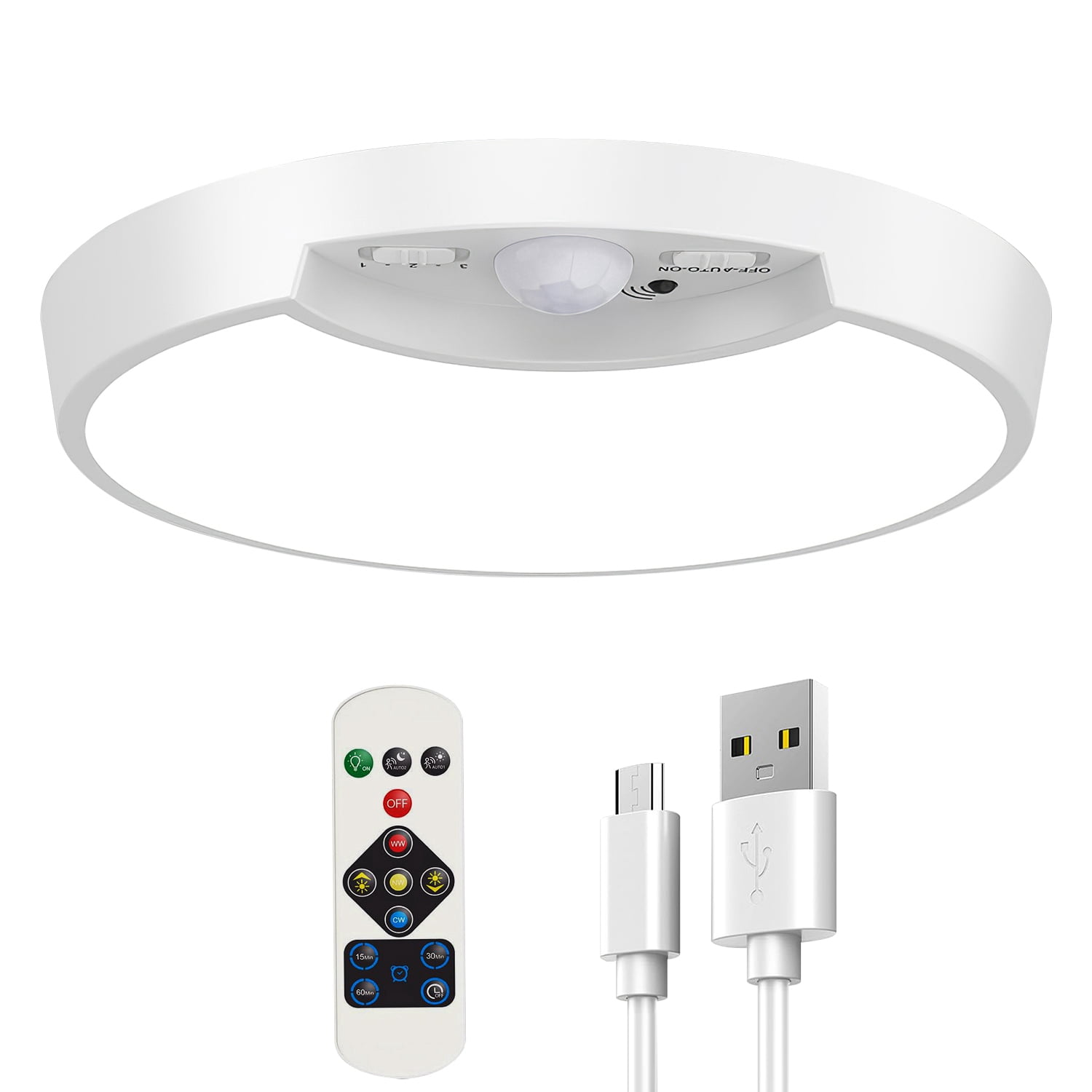 Motion Sensor LED Ceiling Light TeqHome 3W Rechargeable Wireless Dimmable Ceiling Light with Remote Timer 3 Light Colors 3 Modes for Closet Garage Hallway Porch Basement White