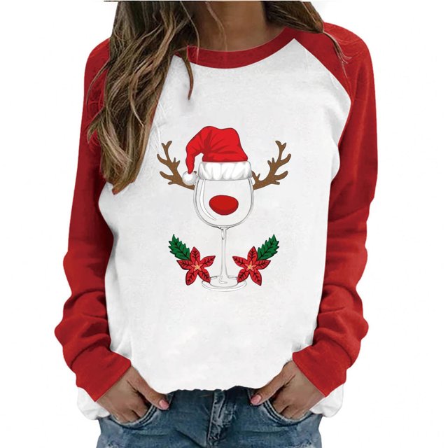 Tops Para Mujer Camisas de Manga Larga Otoño Primavera Patchwork Navidad Impreso Cuello Redondo Camiseta Casual Odeerbi ODB151548