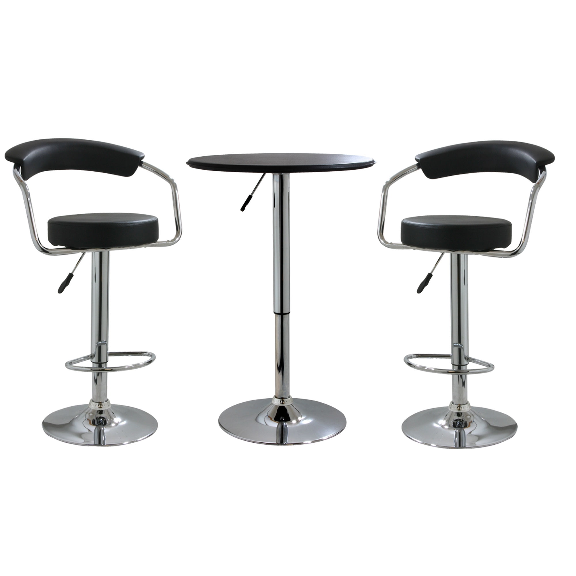 Set of 3 Bar Set Height Adjustable Round Bar Table with 2 Bar Stools Bistro Set Black Bar Table Blackish-Green Leather Swivel Barstool Chairs with Chrome Base Footrest for Kitchen Club Pub Breakfast