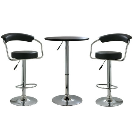 Retro Style Chrome Bar Table Set in Back with Adjustable Height Vinyl Padded Swivel Chairs (3-Piece)
