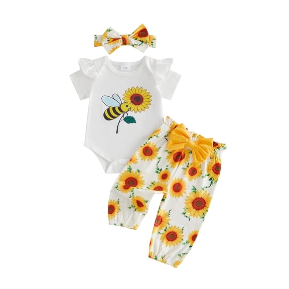 Cenuakty Baby 3M 6M 12M 18M 24M Girl Summer Outfits Fashionable Short Sleeve Bee Floral Print Romper with Pants, Headband 3Pcs Set