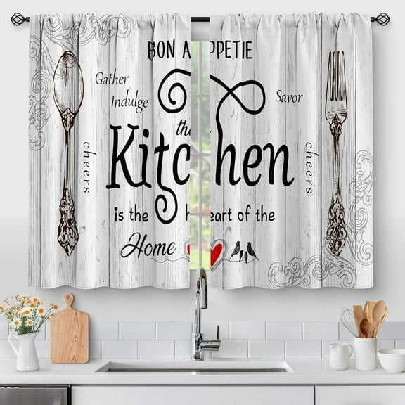 Farmhouse Rustic Kitchen Curtains - Fork and Spoon Retro Country Western Short Cafe Tier Window Curtains Vintage Wood Decor for Living Dining Room 40 inch Length Drapes 2 Panels 28"x40"