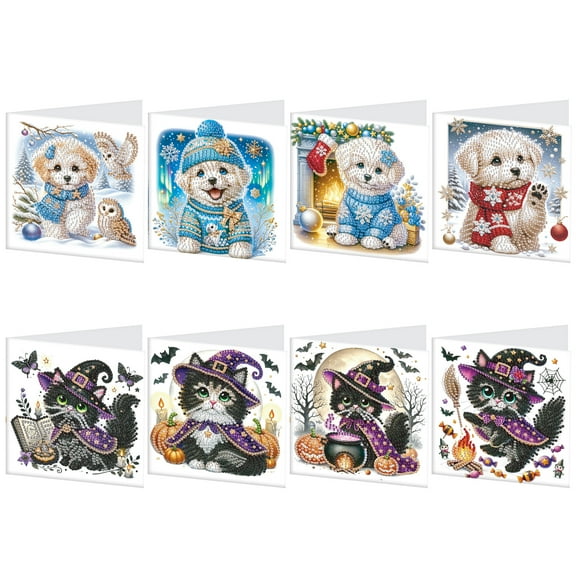 8 pcs Diamond Art Painted Greeting Card, Halloween Kitten Christmas Puppy 5D DIY Special Shape Diamond Card Creative Gift, Christmas Thanksgiving Greeting Card Congratulation