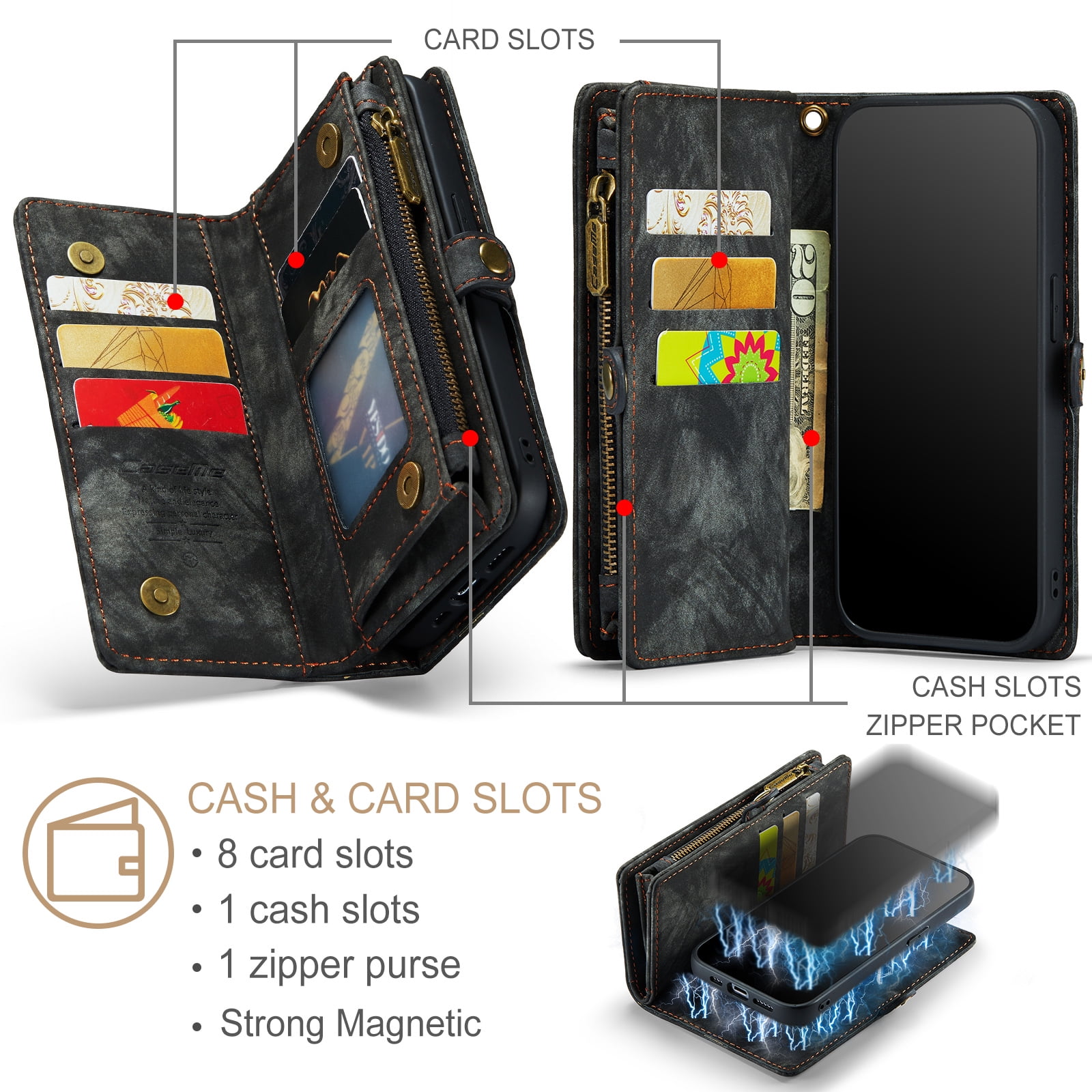 Feishell Durable 2-In-1 Magnetic Detachable Wallet Case for iPhone 12 Pro Max,for Women Men,Premium PU Leather Zipper Pocket Flip Multi Card Slots Purse Phone Case with Wrist Strap,Black