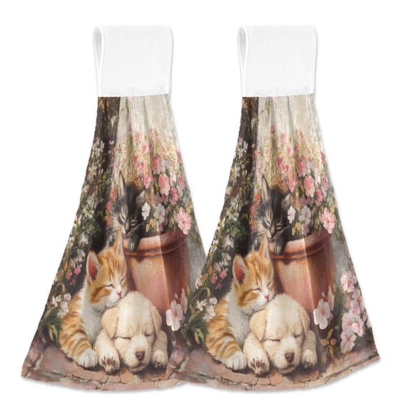 BZSMCE Hanging Hand Towels Fashion Midjourney_ffyy3_a_cute_kitten_and_puppy_lying_in_the_flower_pot_in_the_st_1c2ca9ad-6745-42d5-8c49-3 Pattern 2-Pack - Velcro Style Bathroom Kitchen Towels