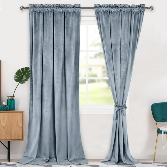 Hiasan Luxury Velvet Curtain with Tiebacks-Blackout Curtains for Bedroom/Living Room, Rod Pocket, Stone Blue, 52" x 96", Set of 2