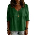thumbnail image 2 of Women's Cotton Linen V Neck Blouse Casual 3/4 Sleeve Babydoll Pleated T Shirts Summer Boho Relaxed Fit Vacation Tunic Tops Green L, 2 of 5