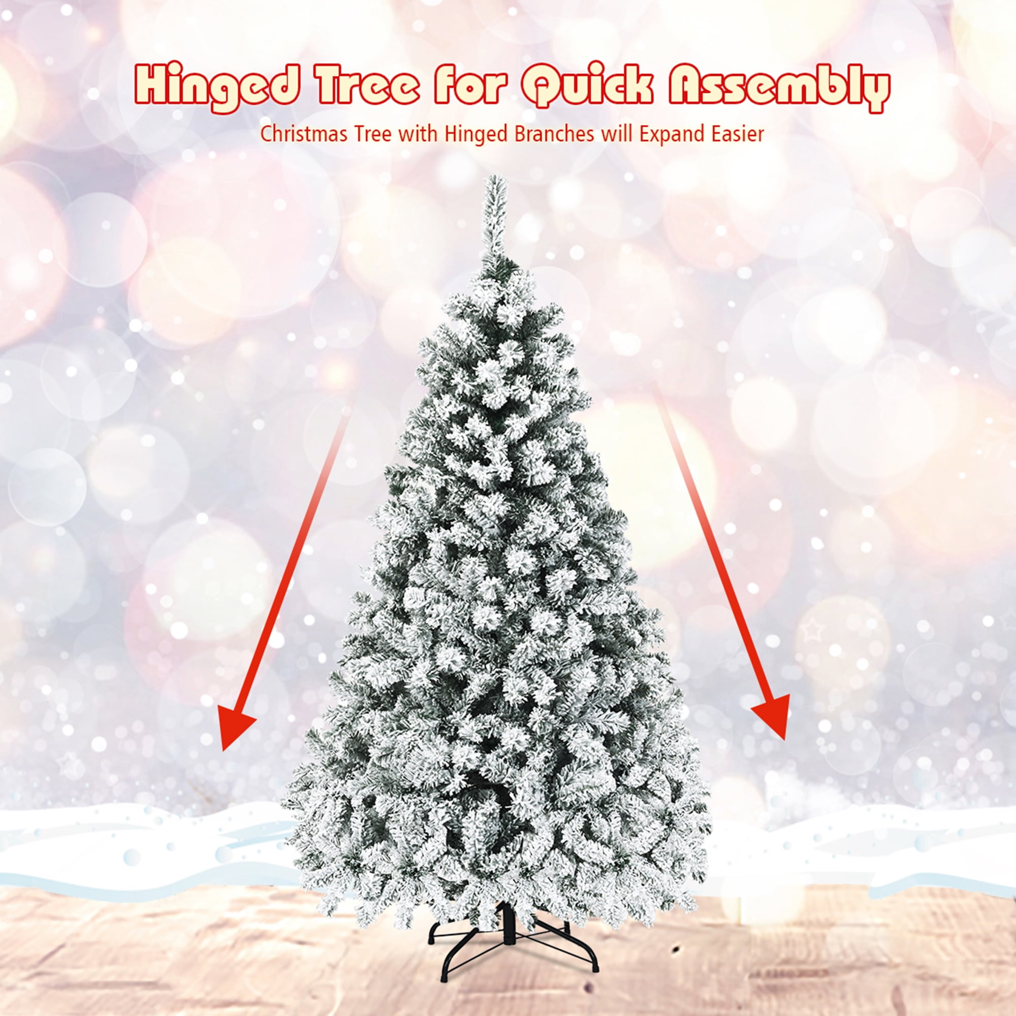 Gymax Warm White Prelit LED Green Snow Flocked Hinged Pine Christmas Tree, with Metal Stand 6'