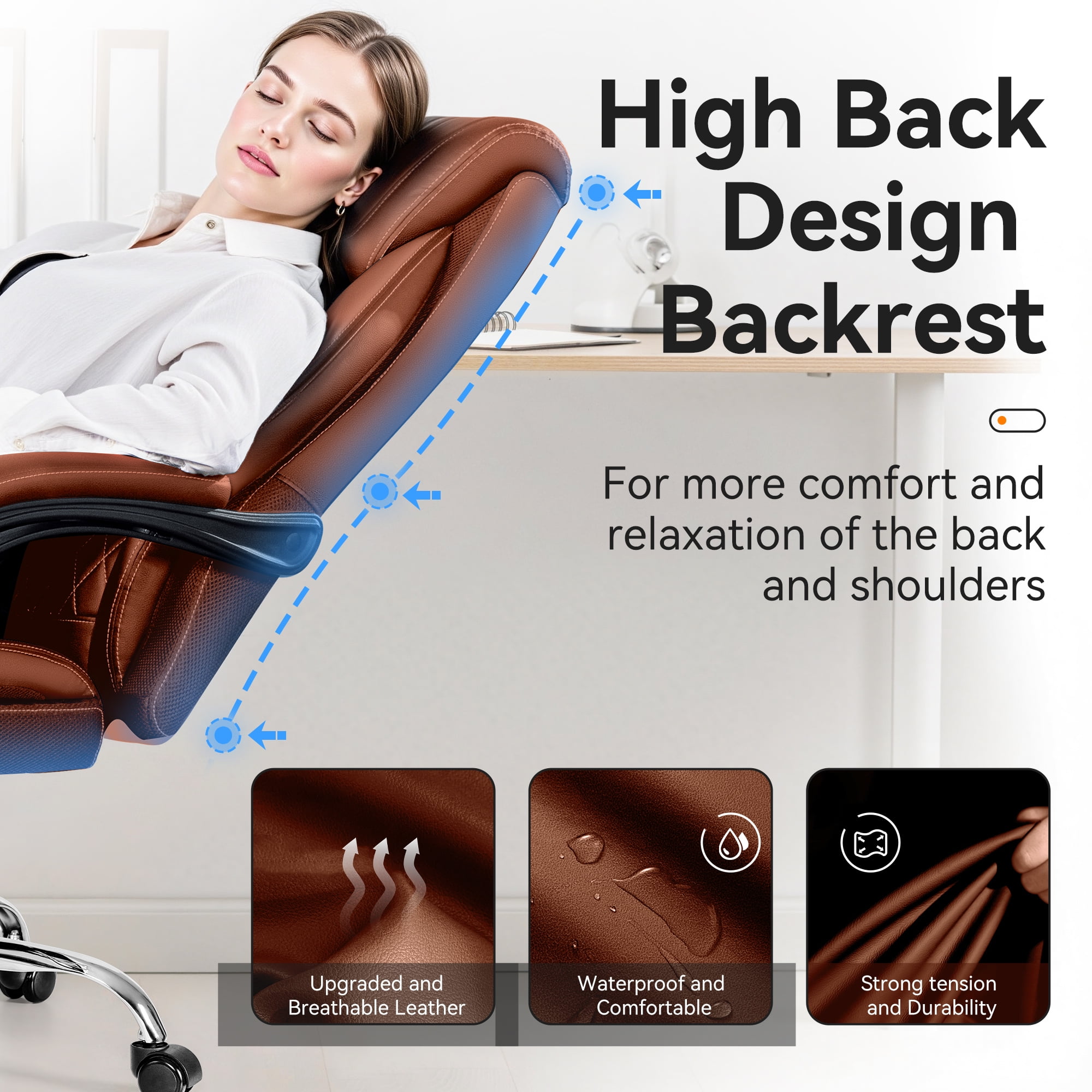 FASTES Ergonomic Office Chair, Big and Tall Leather Desk Chair with Footrest and Lumbar Support, 2-Position Reclining Executive Computer Chair, Brown