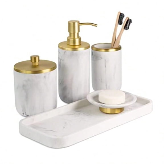 Bathroom Soap Dispenser Set Bathroom Toothbrush Holder Set Marble Gold Farmhouse Bathroom Decor 5 Piece Bathroom Accories Set