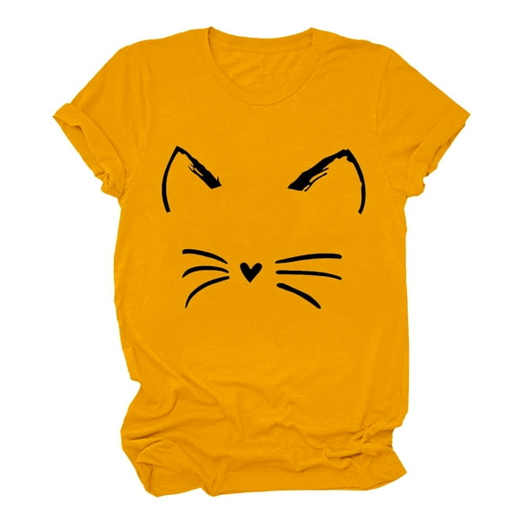 Plus Size T Shirts Women Ladies Round Neck Short Sleeve Everyday Text Botanical Floral Cat T Shirt Top Tshirts Shirts Women Yellow M