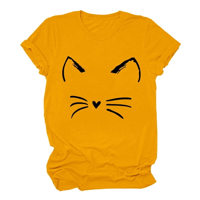 T-shirts pour Femmes Col Rond Manches Courtes Texte Quotidien Botanique Floral Chat T-Shirt Haut T-Shirts Femmes Jaune TG