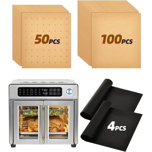 154PCs Paper Liners Compatible with Emeril Lagasse 26QT Extra Large Air Fryer Toaster Oven Accessories,100PCs Unbleached Parchment Paper,50PCs Disposable Liners with Holes, 4PCs Reusable Baking Mats