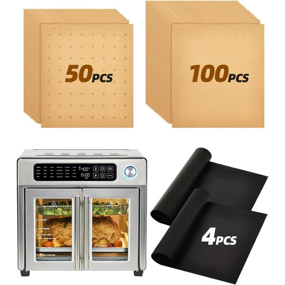 154 Pcs Doublures en Papier Compatibles avec Emeril Lagasse 26 Qt Extra Grand Accessoires pour Friteuse à Air Chaud et Four Grille-Pain, 100 Pcs Papier Parchemin Non Blanchi, 50 Pcs Doublures Jetables avec Trous, 4 Pcs Tapis de Cuisson Réutilisables