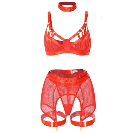 YOTMKGDO Valentines Day Lingerie  Lingerie Corset Set Lace Bodysuit Exotic Bustier with Choker Leg Band Garter Belts Lace Embroidered Bandage Underwear (Red  M)