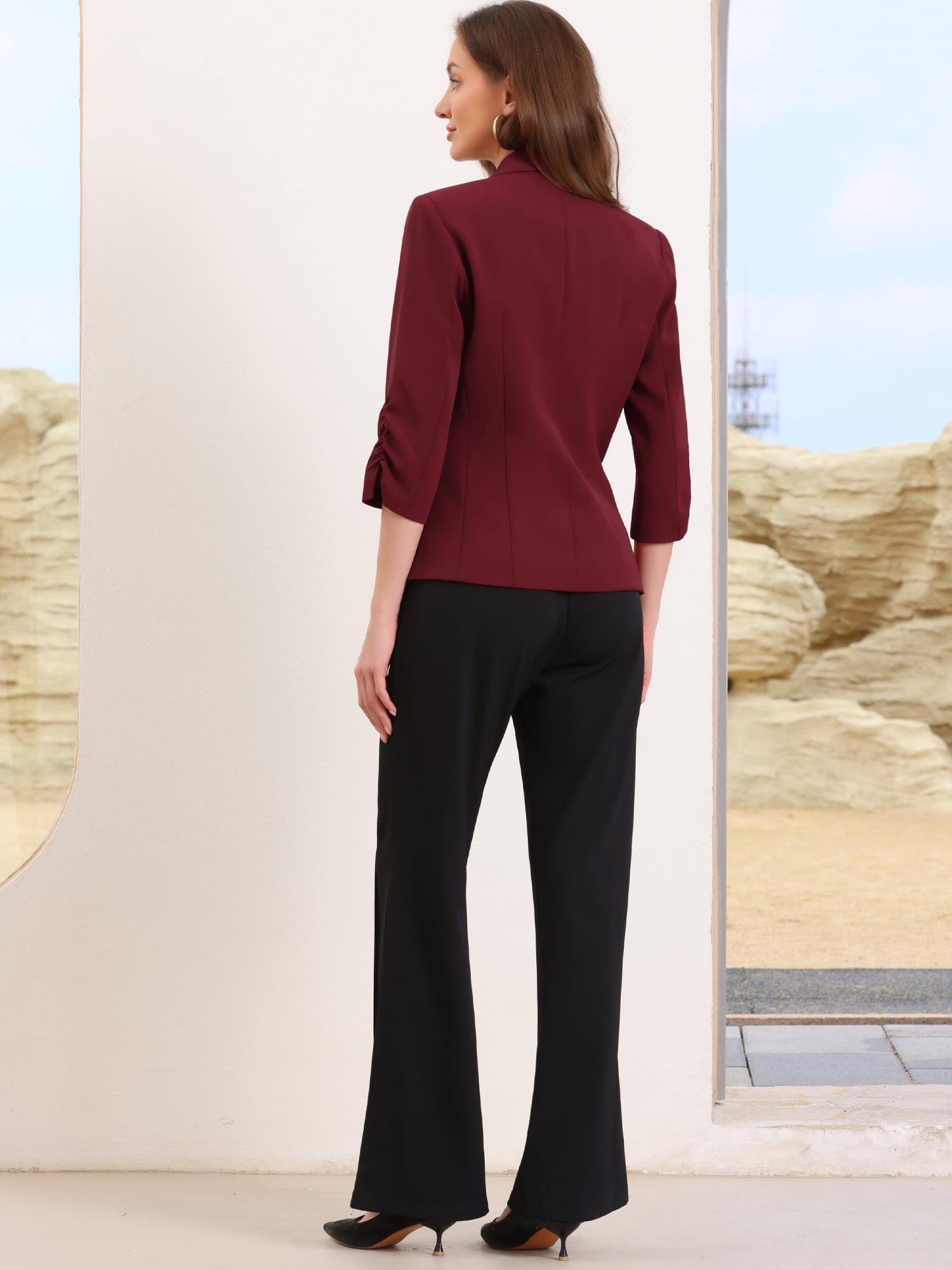 DARING DIVA Women's 3/4 Sleeve Shawl Lapel Work Blazer with Pockets S Burgundy