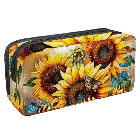 MUOOUM Pencil Case, Sunflower Bee Butterflies Large Capacity Pencil Pouch Stationery Pen Bag