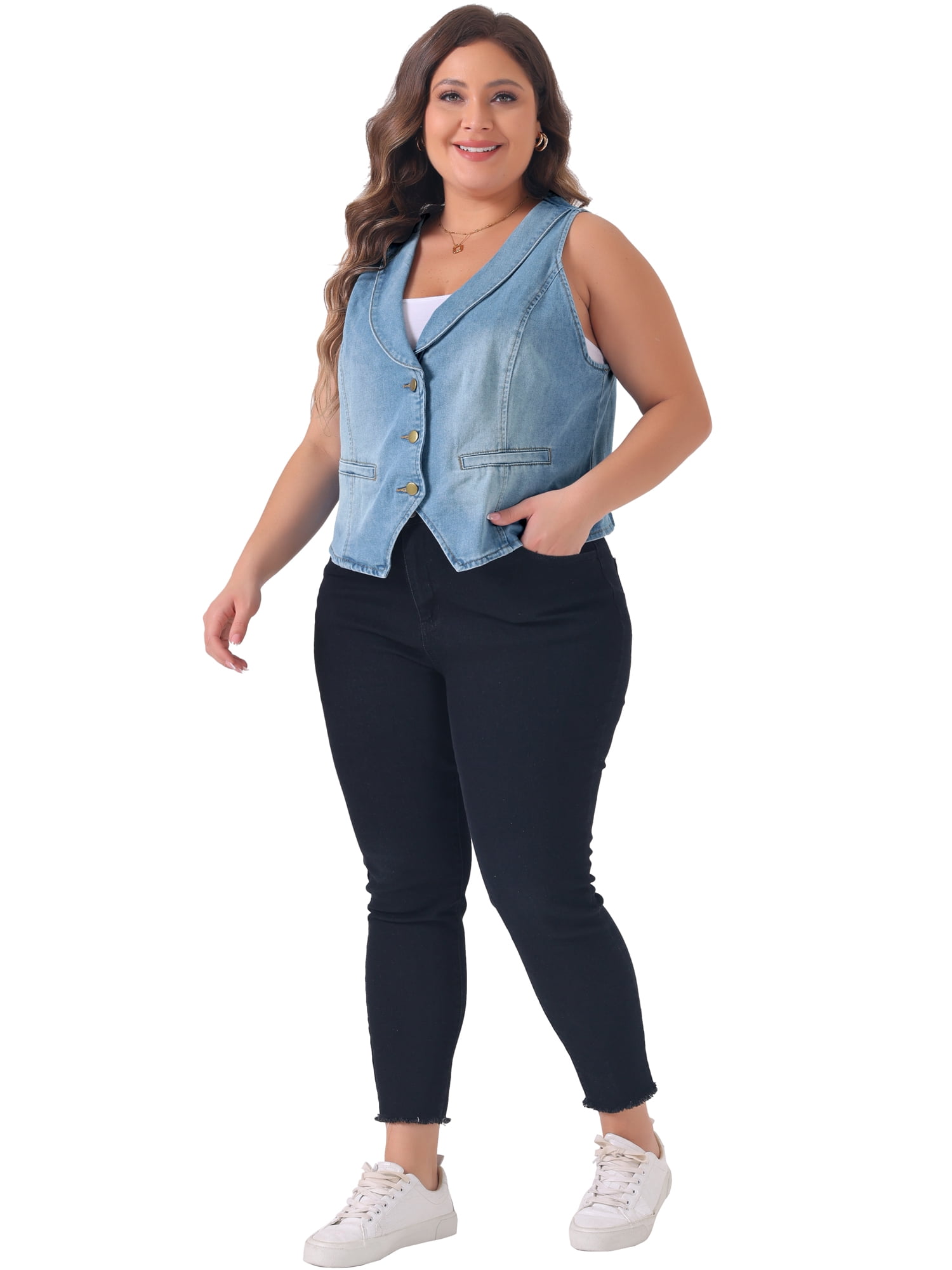 DARING DIVA Women's Plus Size Button Down Waistcoat Denim Vest 2X Light Blue