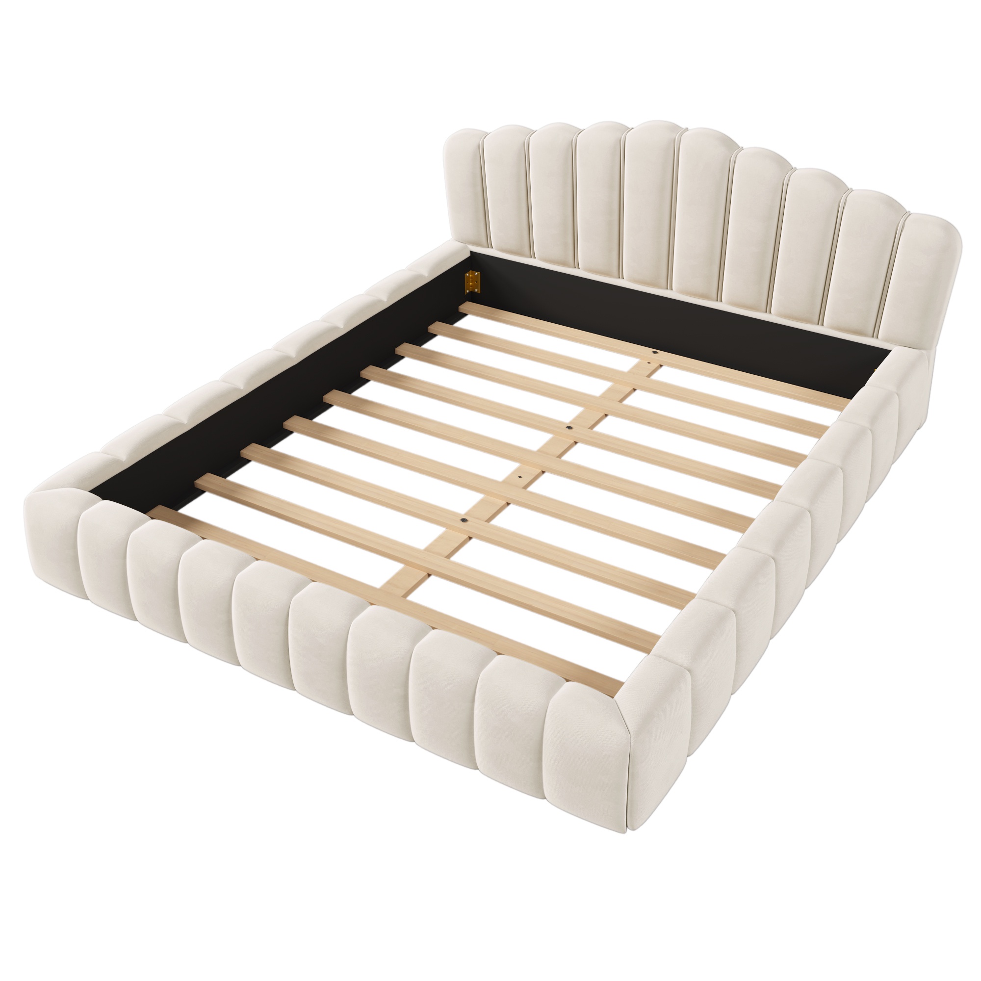 PORKISS Queen Bed Frame, Queen Platform Bed with Velvet Upholstered and Shell-Shaped Headboard, Modern Wood Bed Frame for Bedroom, No Box Spring Needed, Beige