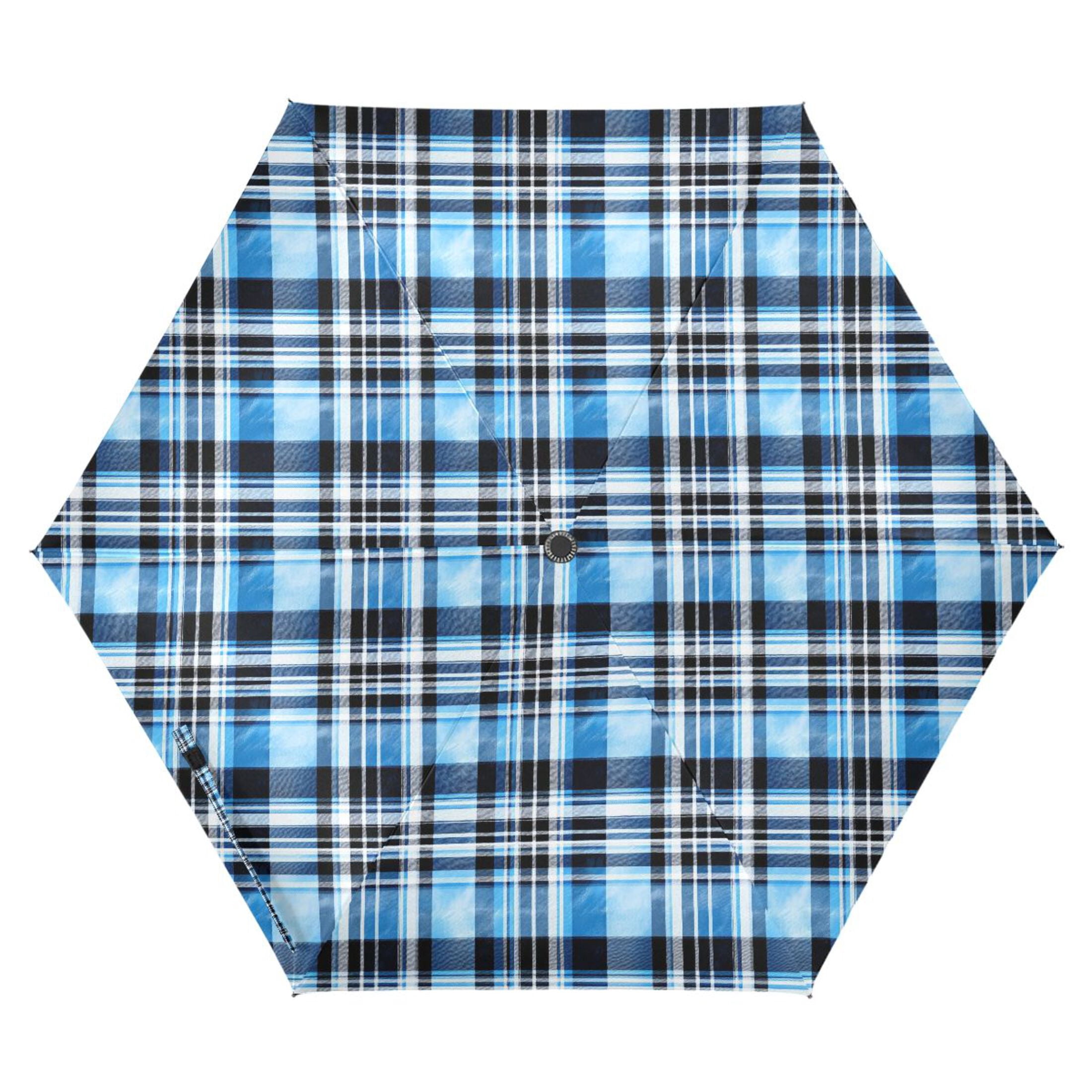 Blue and Black Plaid Compact Sun Umbrella Windproof Travel Umbrellas for Rain Strong Portable UV Protection