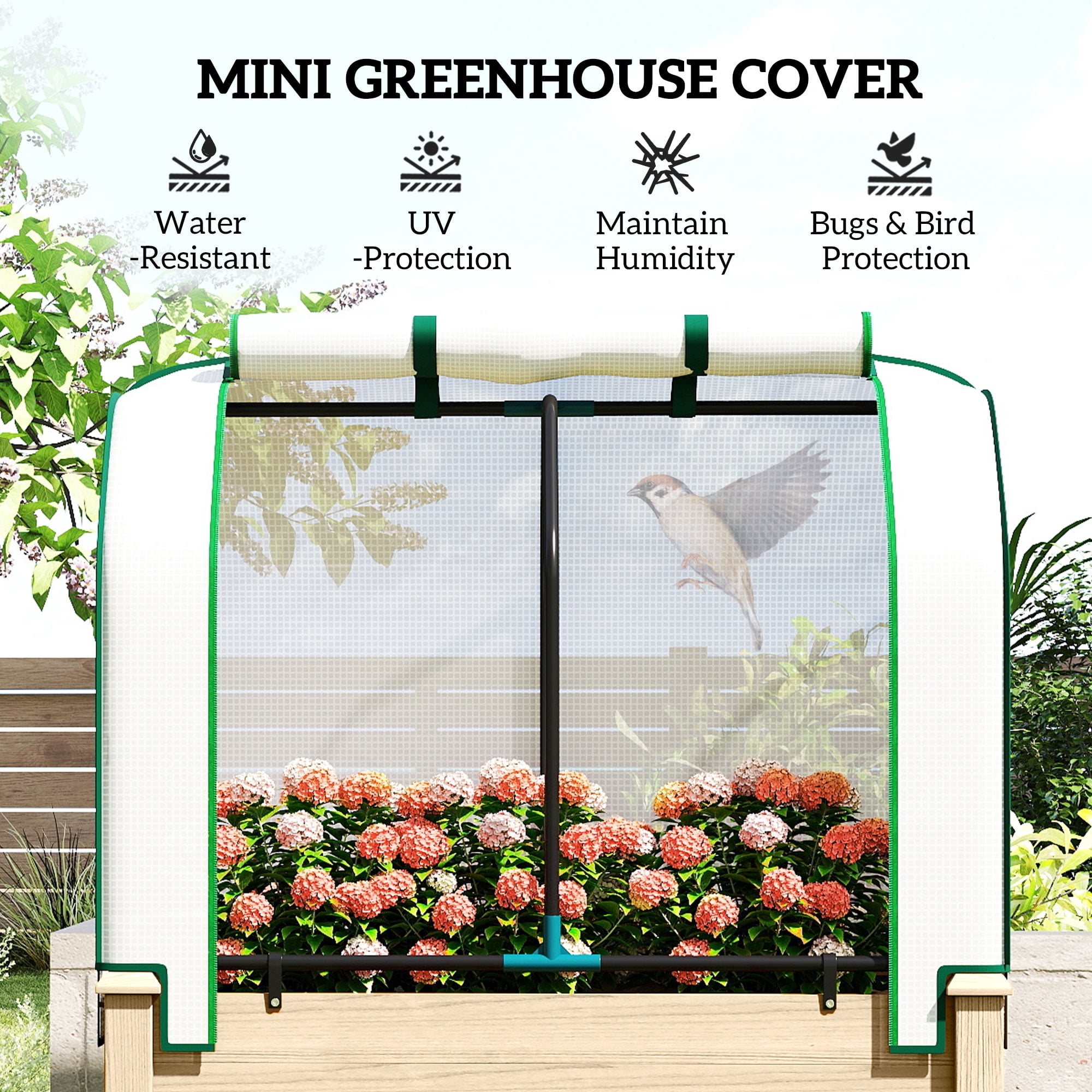 Outsunny Raised Garden Bed with PE Greenhouse Cover Outdoor Elevated Wood Planter Box for Herbs, Vegetables, for Patio, Backyard, Balcony, Natural