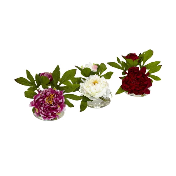 Nearly Natural 6" Peonies Artificial Plant with Glass Vases, Set of 3 (Assorted Colors)