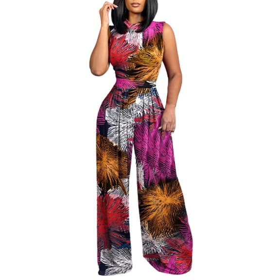 One Piece Jumpsuits for Women Casual Boho Print Sleevelesss O Neck Zipper Wide Leg Outwear,Pink,M