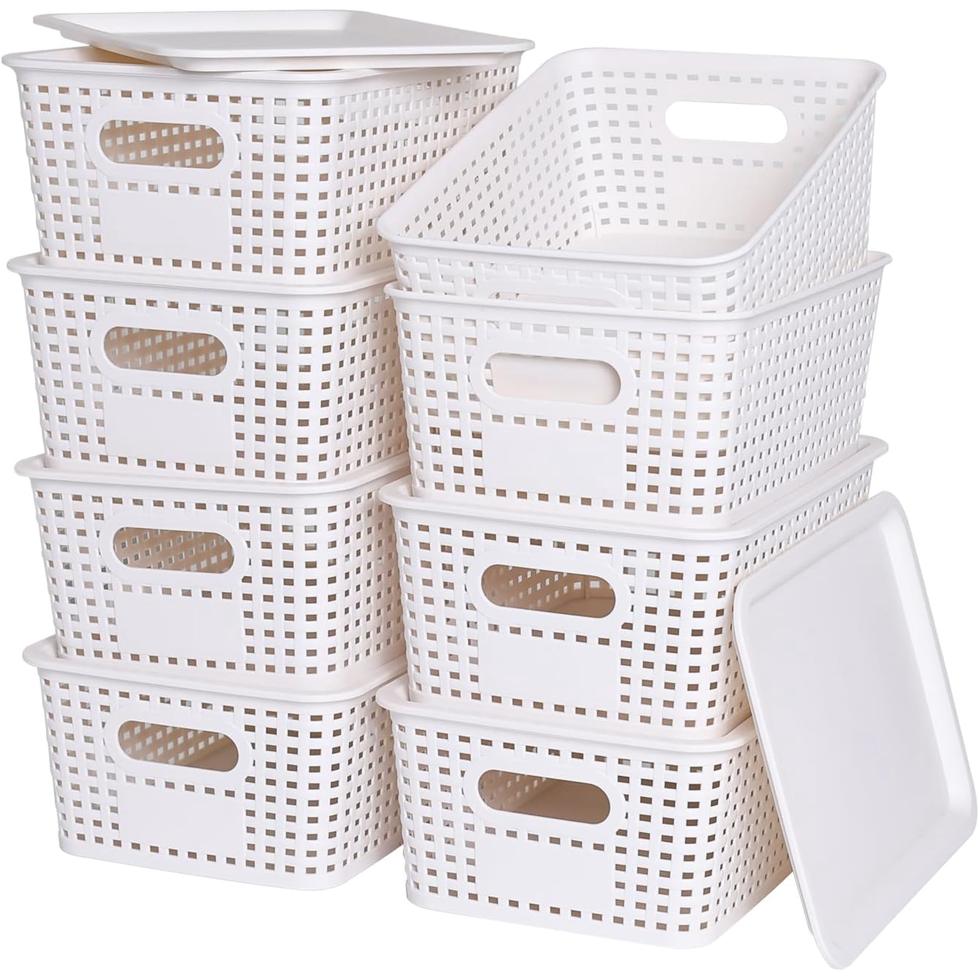 8 Pack Plastic Storage Baskets with Lids for Organization | Stackable Storage bins Storages Baskets for Organizing Shelves Drawers Desktop Closet Playroom Classroom Office White