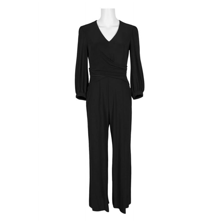 Taylor V-Neck Long Sleeve Ruched Zipper Back Solid Jersey Jumpsuit-BLACK /  2 