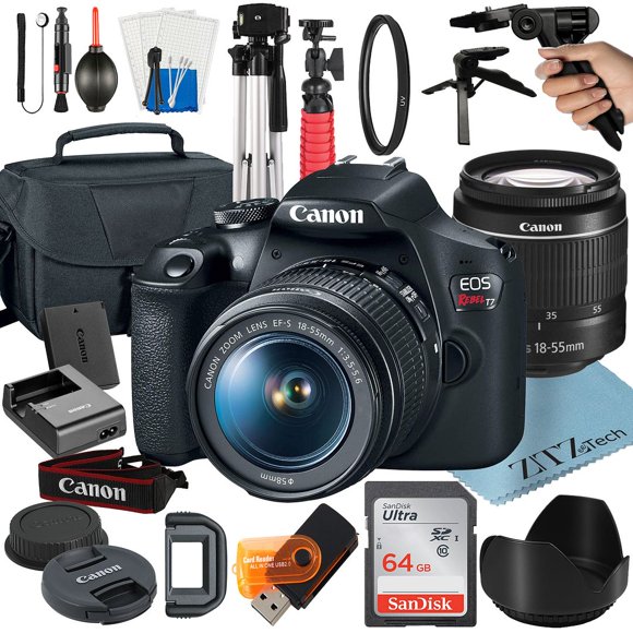 Canon EOS Rebel T7 DSLR Camera with 18-55mm Zoom Lens + Platinum Mobile Accessory Bundle Package Includes: 64GB Card, Tripod, Bag, Pistol Grip (21pc Bundle)