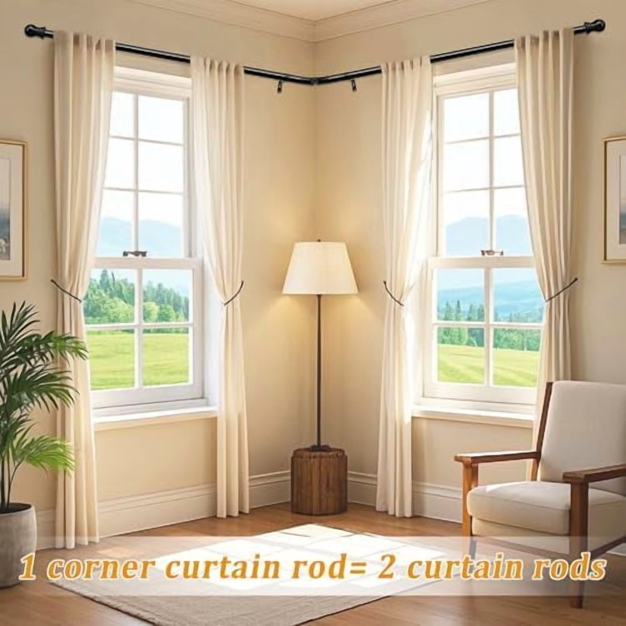 Corner Window Curtain Rods, L Shape Heavy Duty Curved Curtain Rods for Curtain Windows with Brackets, 30-136" Adjustable Curtain Rods for Bedroom, Living Room, Dinging Room, Black