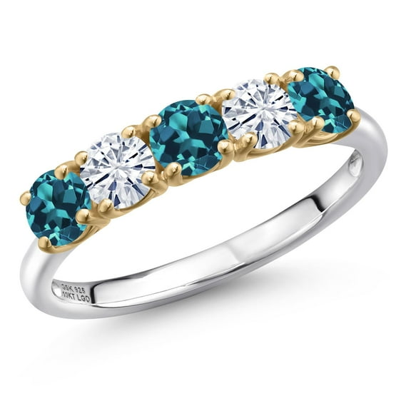 Gem Stone King 925 Silver and 10K Yellow Gold London Blue Topaz and White Moissanite Wedding-Bands Ring for Women | 1.45 Cttw | Round 4MM | Gemstone November Birthstone | Size 5