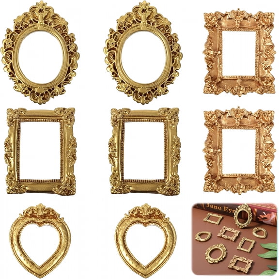 XIBUFE 8Pcs Mini Gold Picture Frames,Vintage Small Resin Miniature Tiny Picture Frames for Crafts,Antique Mini Photo Frame for Diy Jewelry,Christmas Holiday Party Hotel Decor