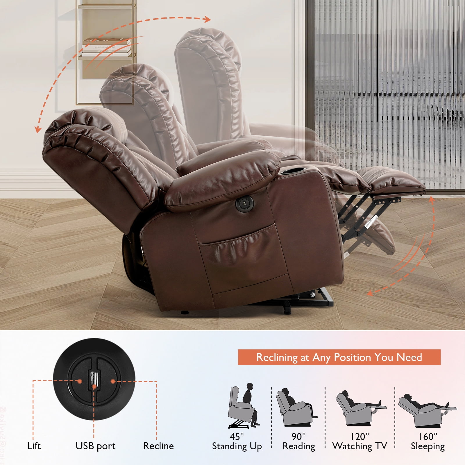 TEKAMON Large Power Lift Recliner Chair for Elderly with Heat and Massage Leather Electric Recliners Chair For Living Room with Cup Holders, Remote Control (Brown)