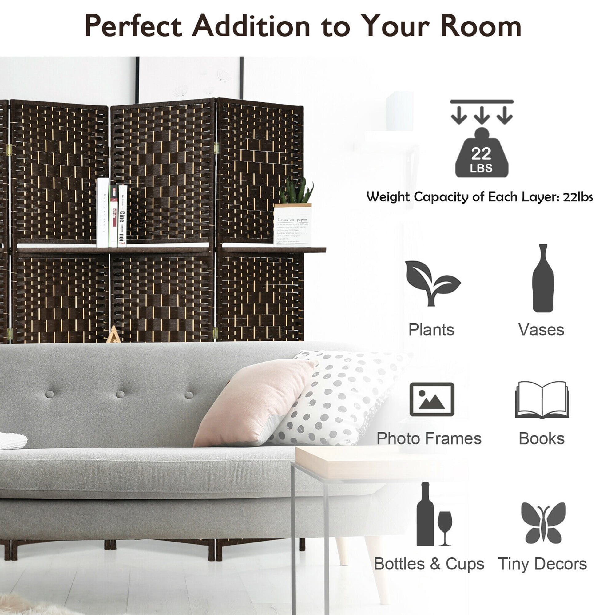 Gymax Brown 6 Panel Folding Room Divider 6Ft Weave Fiber Screen W/ 2 Display Shelves