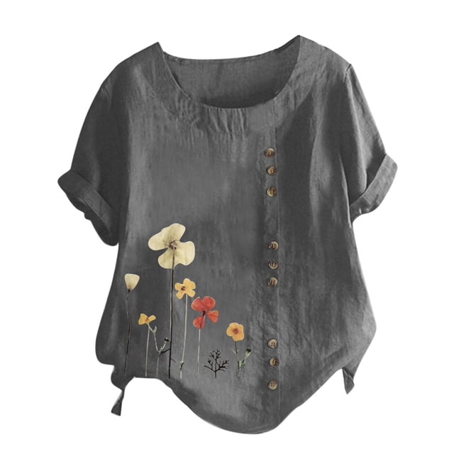 Mujeres manga corta casual cuello redondo impreso botón suelto túnica camisa blusa tops Pompotops hkajfhjk470061