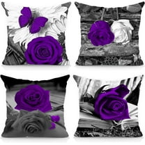 Set of 4 18x18 Flower Throw Pillow Covers Purple Rose Couch Bed Decorative Pillow Covers Dark Purple Grey Black Floral Square Pillow Cases Purple Linen Farmhouse Pillow Cover (Purple Black)