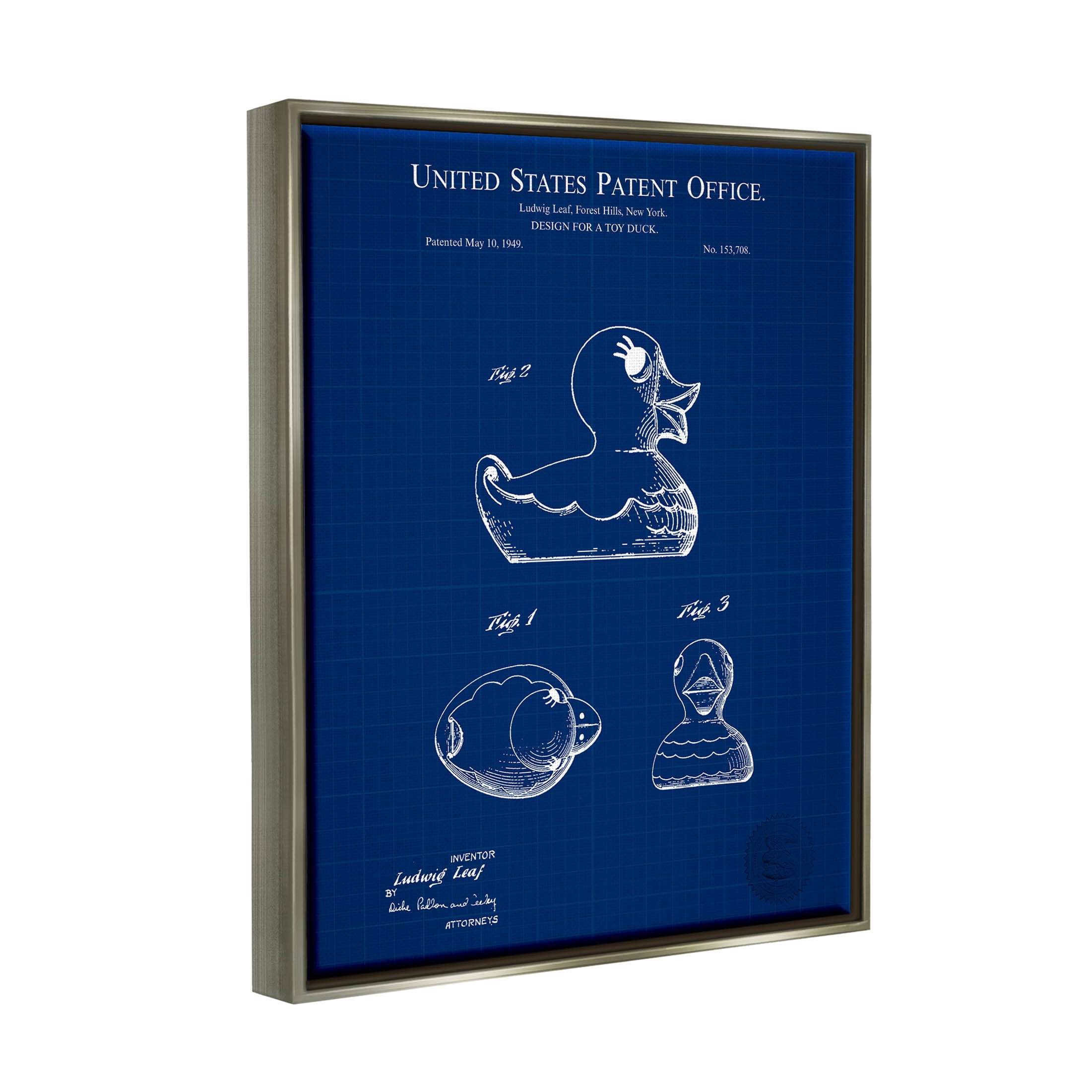 Stupell Industries Toy Duck Blueprint Patent Graphic Art Luster Gray Floating Framed Canvas Print Wall Art, Design by Karl Hronek