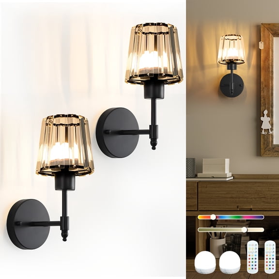 2‑Pack Rechargeable Wireless Crystal Wall Sconces, Golden RGB Dimmable Wall Lamp With Remote Control, Battery Operated Decor Lighting for Bedroom, Living Room and Hallway