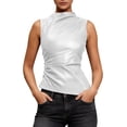 thumbnail image 3 of TAGOLD Womens Round-Neck Tank Top Faux Leather Stand Collar Solid Color Sleeveless Top, 3 of 5