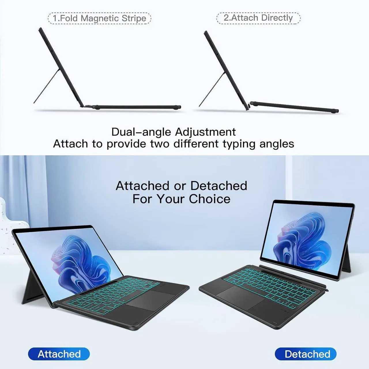 Type Cover for 13 inch Microsoft Surface Pro 11 / Pro 10 / Pro 9 / Pro 8 / Pro X Wireless Thin Bluetooth Keyboard with Trackpad, 7 Colors Backlit Pencil Holder