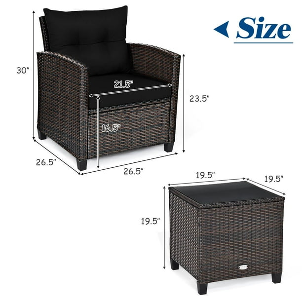 Giantex 3 Pieces Patio Furniture Set PE Rattan Wicker 3 Pcs Outdoor Sofa Set w Washable Cushion and Tempered Glass Tabletop Conversation Furniture for Garden Poolside Balcony Black Walmart