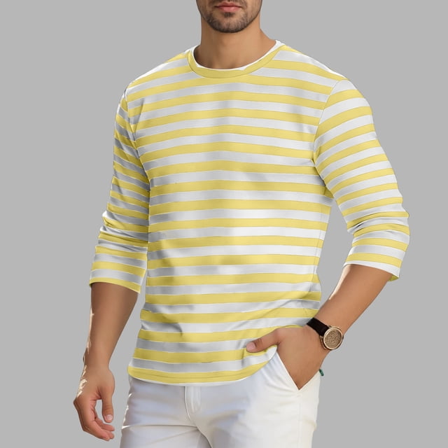 Ceisia Men's Spring Summer Casual Regular Fit Crew Neck Three-Quarter Sleeve T-Shirt Multi-Color Striped Cotton-Like Jersey Stretch Fabric Yellow L Gifts