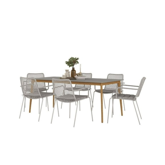 Amazonia Swansea 7-Piece Patio Rectangular Dining Table Set | Eucalyptus Wood | Ideal for Outdoors and Indoors, Grey Cushions