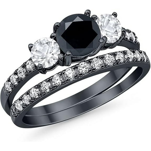 Gems Jewels 925 Sterling Silver 2.00 Ct Round Cut Black Diamond Engagement Wedding Christmas Thanksgiving Bridal Ring Set 14K Black Gold Plated For Women's -6
