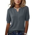 thumbnail image 2 of CIENVNSTG Women Spring Knit Shirt Blouse V Neck Short Sleeve Casual Collar Pullover Sweater Tops Navy S, 2 of 4