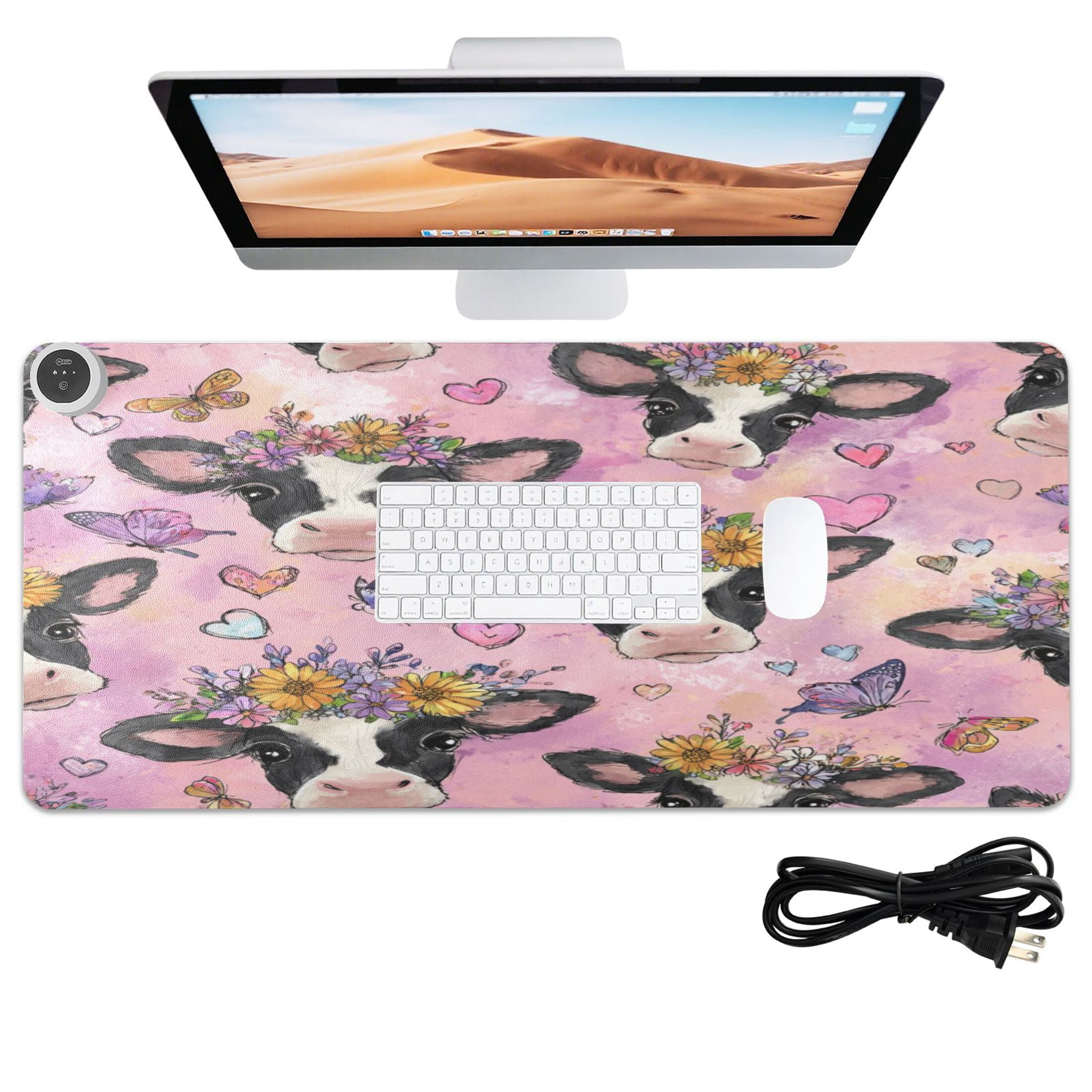Large Heated Desk Mat Mouse Pad 31.5"x13"PU Leather Graphene Heating Desk Warmer with 3 Temperature Settings 110V US Plug Non-Slip Warm Pad for Home, Office, and Gaming Beautiful Cows with Flowers